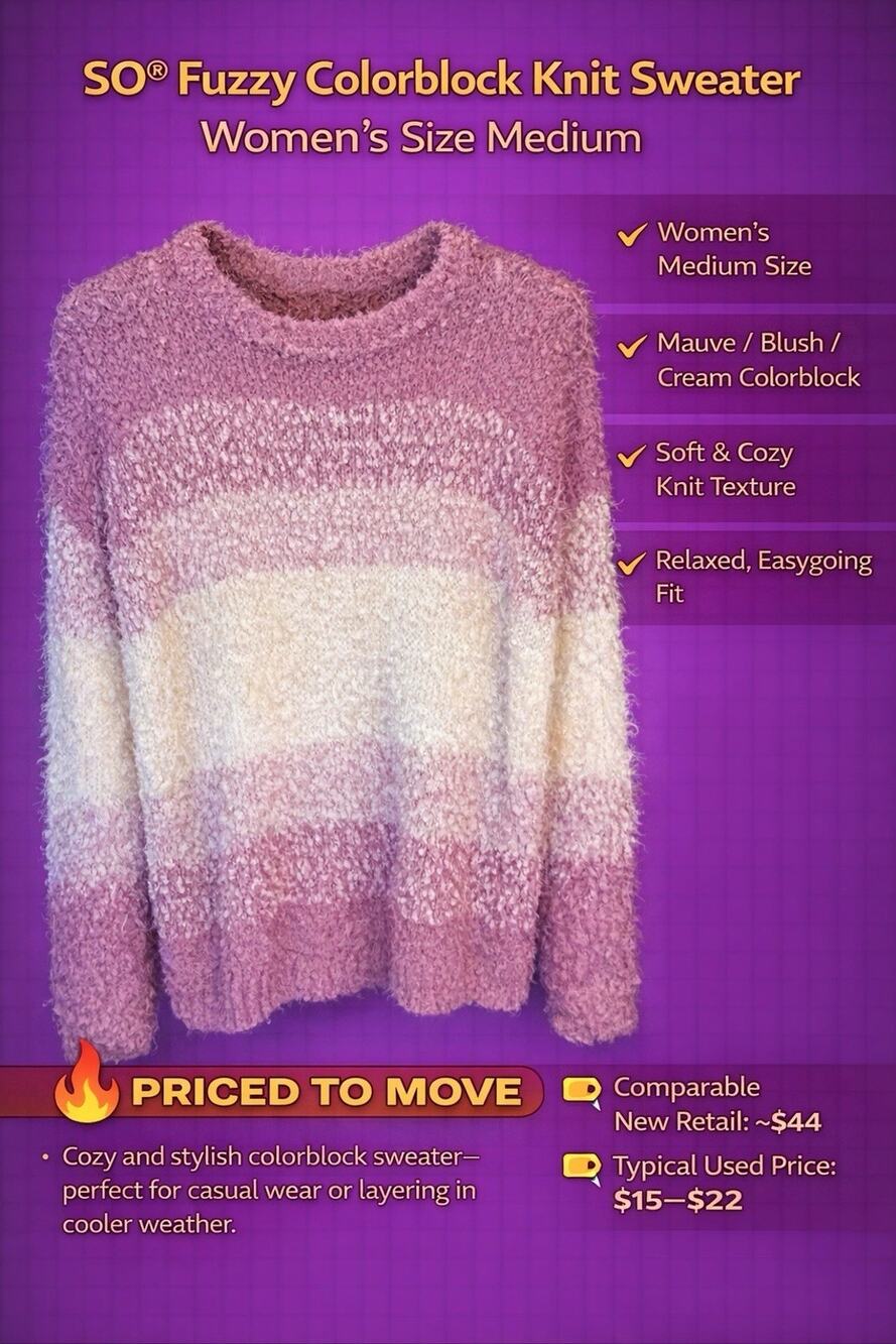 SO Fuzzy Colorblock Knit Pullover Sweater Mauve Blush Cream Crew Neck Women's M
